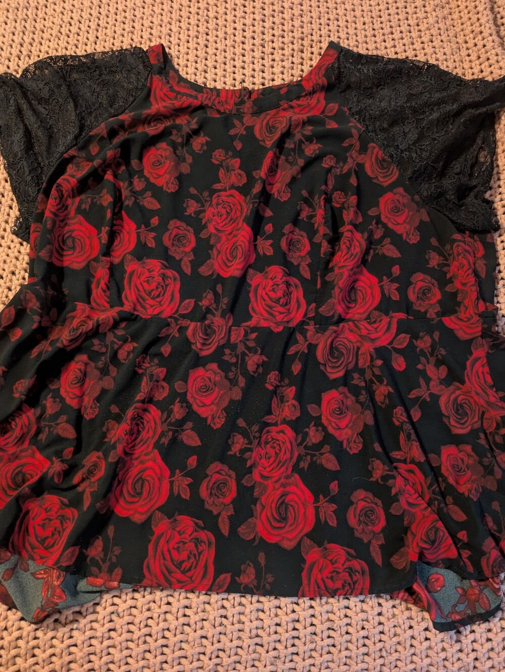 Black Top with Red Rose Print and Lace Sleeves